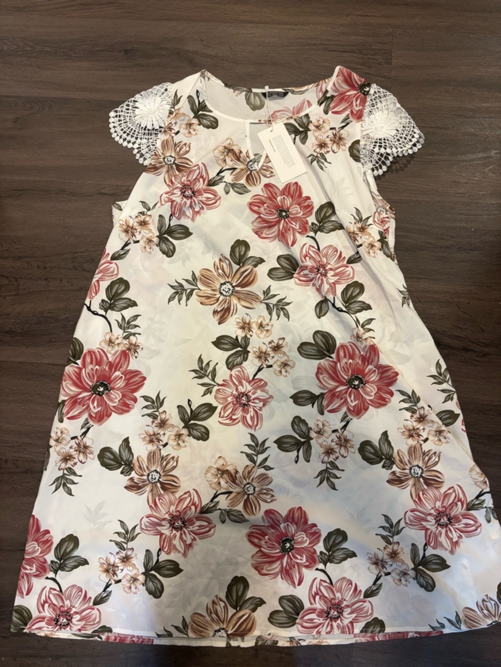 BloomChic White Floral Asymmetrical Dress with Pink & Olive Accents